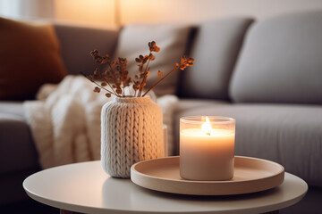 Candles and knitted vase on a coffee table, sofa and pillows in the background. cozy winter atmosphere interior. 