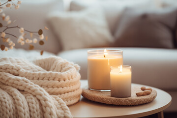 Closeup shot of candles and knitted blanket on a coffee table, sofa and pillows in the background. cozy winter atmosphere interior. 