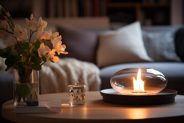 Closeup shot of a decorative tabletop fireplace (candle) and flowers on a coffee table. sofa and pillows in the background. cozy winter atmosphere interior.