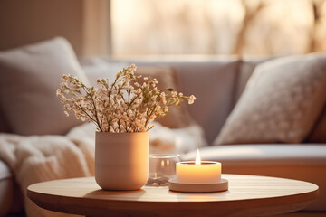 Closeup shot of candles on a coffee table. sofa and pillows in the background. winter sunset outside the window. cozy winter atmosphere interior.