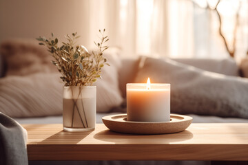 Closeup shot of candle on a coffee table. sofa and pillows in the background. cozy winter atmosphere interior. 