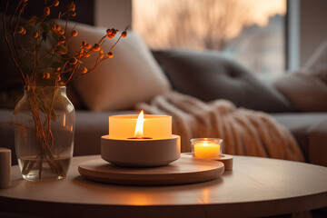Closeup shot of candles on a coffee table. sofa and pillows in the background. cozy winter atmosphere interior. 