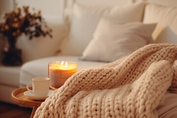 Closeup shot of candles and knitted blanket on a coffee table, sofa and pillows in the background. cozy winter atmosphere interior. 