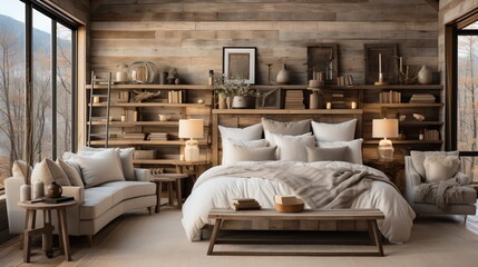 Modern rustic bedroom with wood paneling and a cozy bed
