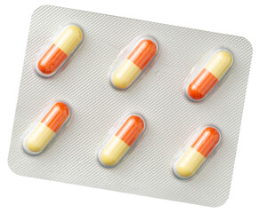 Orange capsules in the plastic blister, isolated on white background, top view.