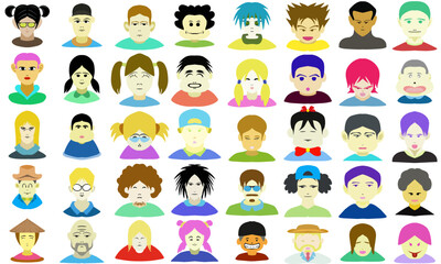 A flat set design illustration of various facial characters. Perfect for poster elements, books, stickers, comics, wallpapers, advertisements, banners