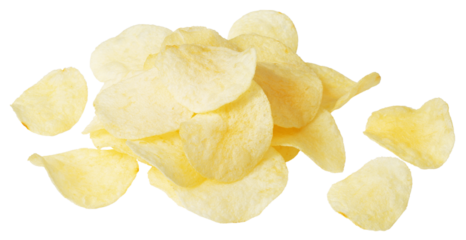 Heap of potato chips isolated on white background.