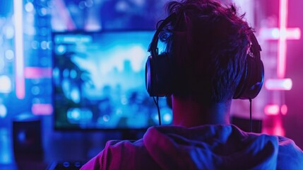 pro gamer man in headphones live streaming while playing online computer game, neon lights, esports,  gaming, monitor, play, young, player, internet, enjoyment, cyber, - obrazy, fototapety, plakaty