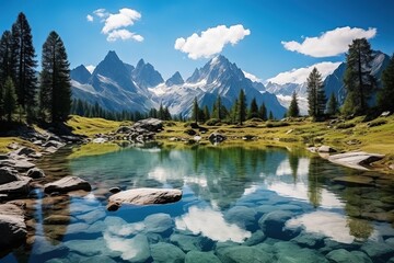 Stunning mountain lake landscape with crystal clear water and snow capped peaks in the distance