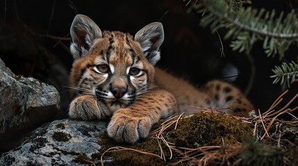 An adorable cougar cub rests peacefully in wild cuteness and majesty. Cougar cub in a relaxed posture in a natural setting surrounded by shade and shades of green.