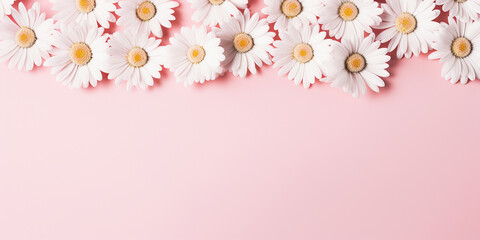 Minimal styled concept. White daisy chamomile flowers on pale pink background. Creative lifestyle, summer, spring concept