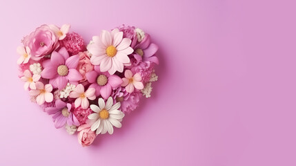 Fototapeta na wymiar Beautiful bouquet of flowers in heart shape on pink background. Valentine's day, mother's day, women's Day background with space for text. Generate AI
