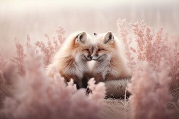Two little red foxes cubs in love. Fox couple cuddling in soft pink grass. Concept of love,...
