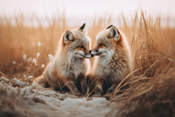 Two little red foxes cubs in love. Fox couple cuddling in sand and grass. Concept of love,...