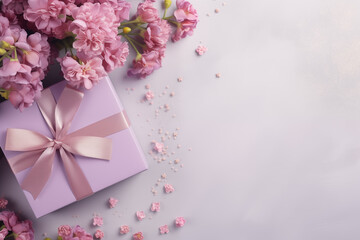 Gift box with ribbon and a bouquet of beautiful pink flowers on white background. Space for text, Generate AI