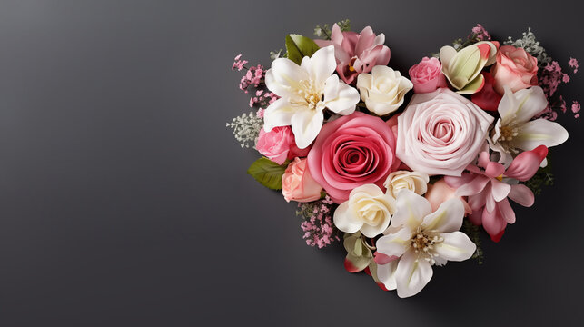 Top view arrangement of colorful flowers with heart shape placed on black background. Valentine's day, mother's day, women's Day background. Generate AI