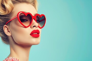 Closeup portrait of a pinup woman in heart shaped glasses with bright makeup on blue background....