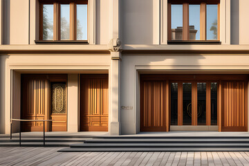 Welcome to the wooden door: a beautiful entrance to a building decorated with windows  generative ai