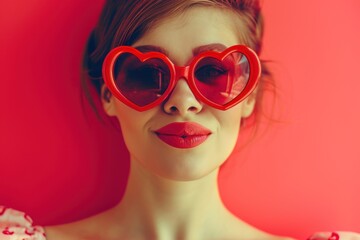 Smiling young woman in heart shaped glasses on red background. Girl with stylish haircut and bright makeup. Fashion, beauty and Women's Day concept. Retro, 90s style