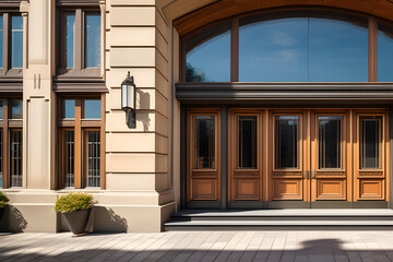 Welcome to the wooden door: a beautiful entrance to a building decorated with windows  generative ai