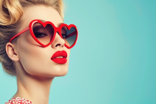 Closeup portrait of a pinup woman in heart shaped glasses with bright makeup on blue background. Vintage Hollywood style. Fashion, beauty and Women's Day concept. Retro, 90s style