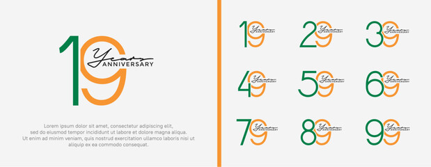 set of anniversary logo green and orange color on white background for celebration moment