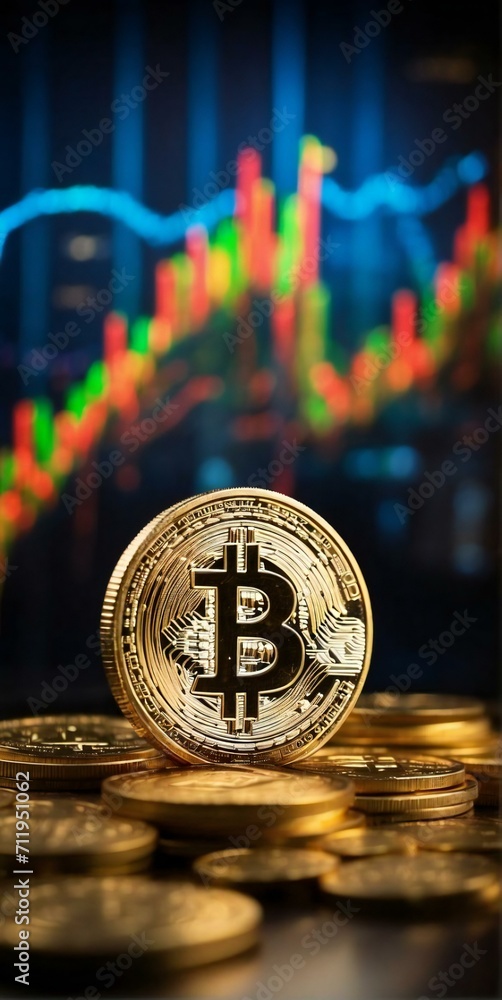 Poster bitcoins and new virtual money concept.gold bitcoins with candle stick graph chart and digital backg