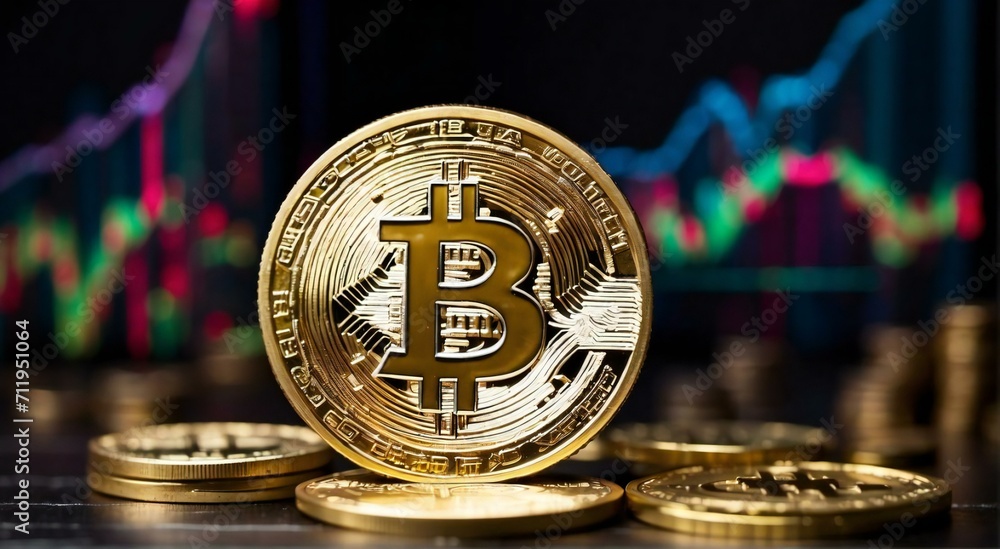 Poster bitcoins and new virtual money concept.gold bitcoins with candle stick graph chart and digital backg