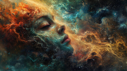 A Sleeping Woman's Face Surrounded by a Swirling Celestial Pattern