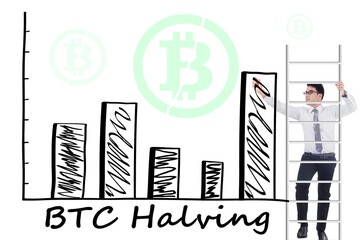 Bitcoin halving leading to increase price of bitcoin. Businessman drawing a bar chart