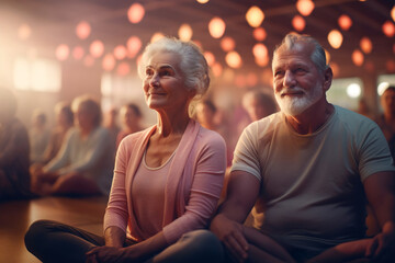 an elderly man with a beard and a gray-haired elderly woman grandmother in a yoga class or meditation in a group session at the gym among other young people