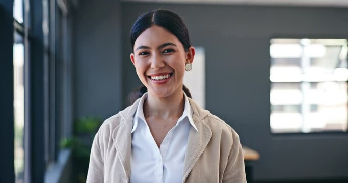 Face, smile and business woman at window in office for corporate or professional company career. Portrait, work and happy with confident young employee in workplace for job opportunity or ambition