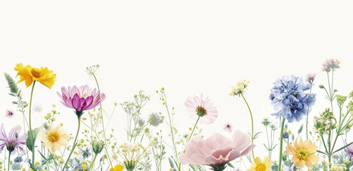 Abstract floral border with summer flowers and white background. 