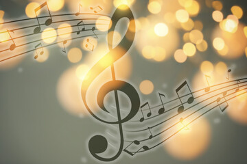 Music notes on background with blurred lights, bokeh effect - obrazy, fototapety, plakaty