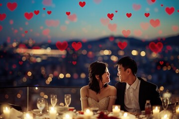 Obraz na płótnie Canvas couple in valentines day night at romantic restaurant celebrating their love pragma