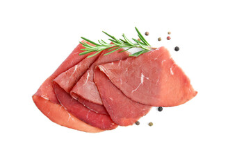Slices of tasty bresaola, peppercorns and rosemary isolated on white, top view