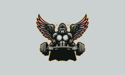 gorilla with wings and barbell vector mascot design logo