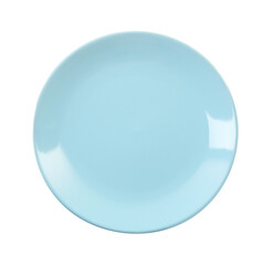 One light blue ceramic plate isolated on white, top view