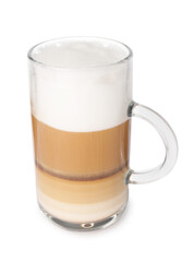 Aromatic latte macchiato in glass cup isolated on white