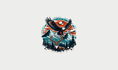 flying eagle and deer on mountain vector artwork design