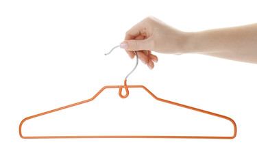 Woman holding hanger on white background, closeup