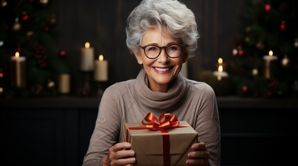 Obraz na płótnie Canvas Beautiful mature woman holding gift box on clean background. Valentine’s day, Holiday surprise, Birthday anniversary Concept. Generative Ai.
