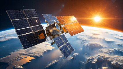 streamlined satellite, its solar panels gleaming in the sunlight, capturing stunning images of Earth from its position in the depths of space