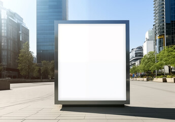 Obraz premium Vertical banner, billboard, sign on city streets with a white background. Megapolis, skyscrapers, square, pedestrian zone. Outdoor advertising, placement of text and design to sell goods and services.