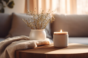 Closeup shot of candle on a coffee table. sofa and pillows in the background. cozy winter atmosphere interior. 