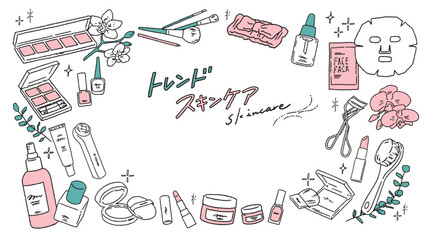 手書き風のおしゃれなアイシャドウやリップ、フェイスマスクやネイルなどのスキンケア・メイクアップツールのベクターイラストフレーム素材 Vector illustration frame of a stylish skin care and makeup tool in hand-drawn style.