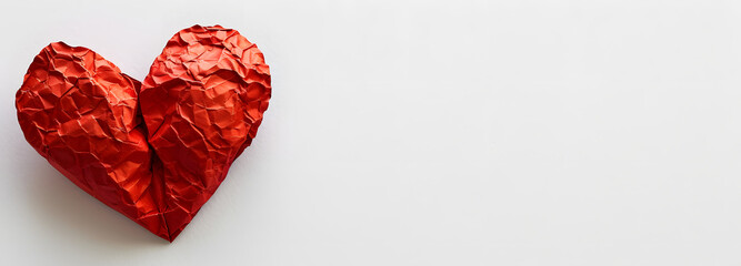 Red volumetric Torn paper heart made of paper, wrinkled, folded, sensitive heart, tender feelings on white background. copy space concept.