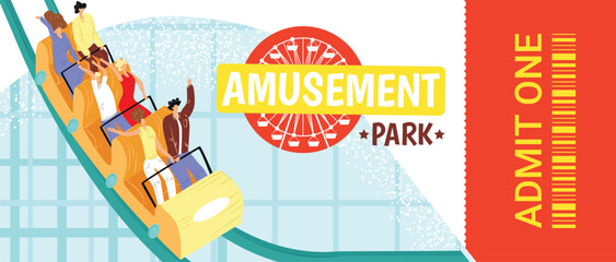 Diverse group riding roller coaster, excited expressions, amusement park scene. Thrill ride fun, friends enjoying adrenaline rush. Vibrant amusement park atmosphere, excitement and enjoyment vector