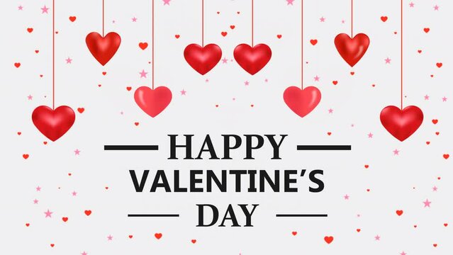 Valentine Day Celebration typography animation. Hanging 3d Red hearts Confetti Decorative festive romantic background Greeting wish friends and family. couple in love day party marriage proposal.