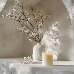 Fototapeta na wymiar An elegant scented soy candle rests delicately inside a clear glass. Closeup of soft fragrance soy candle in cozy and relaxing environment.